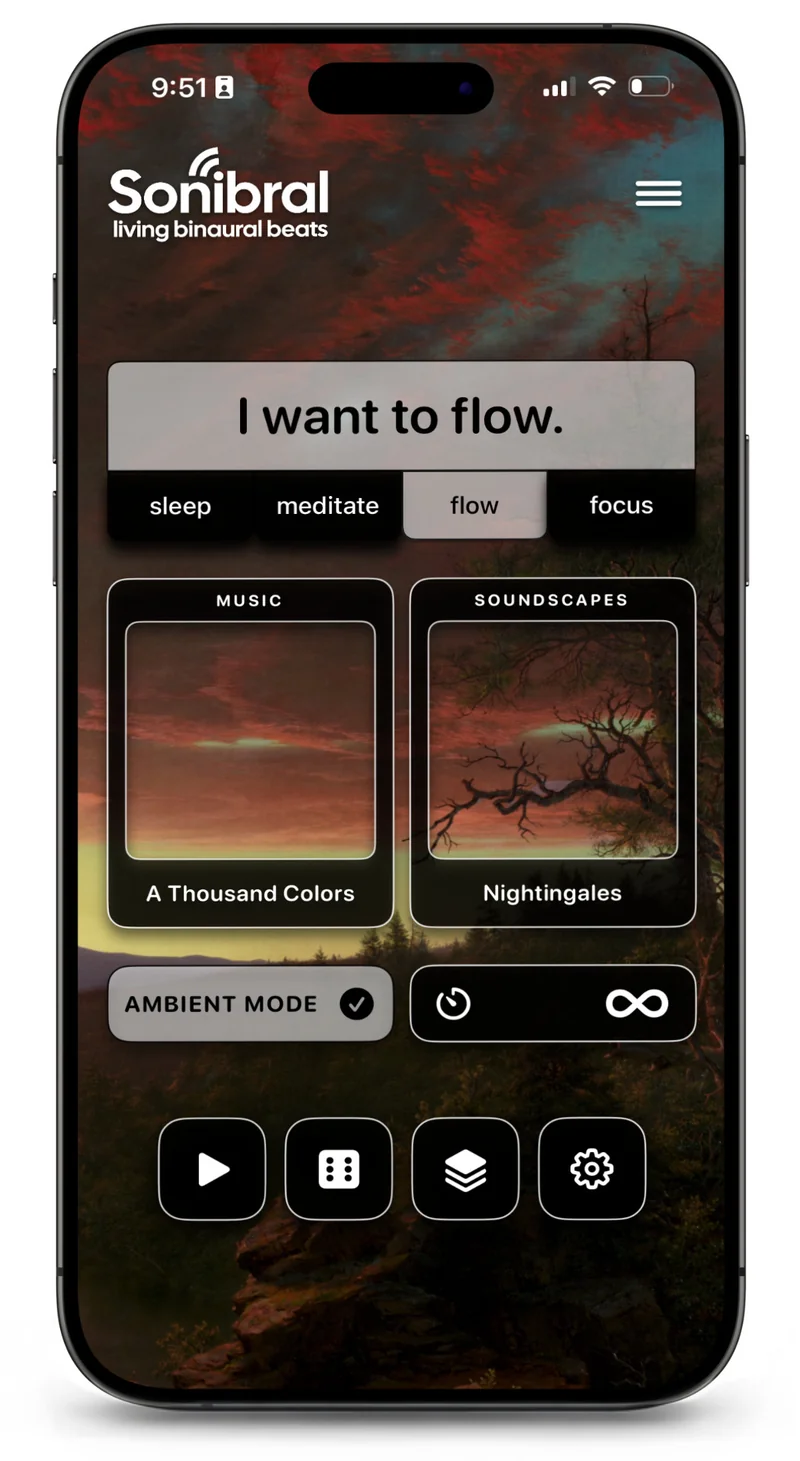 Sonibral Flow screen with A Thousand Colors music and Nightingales soundscape