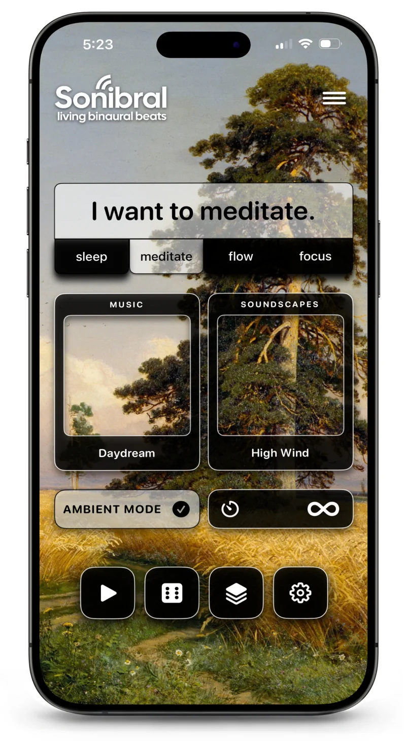 Sonibral Meditate screen with Daydream music and High Wind soundscape