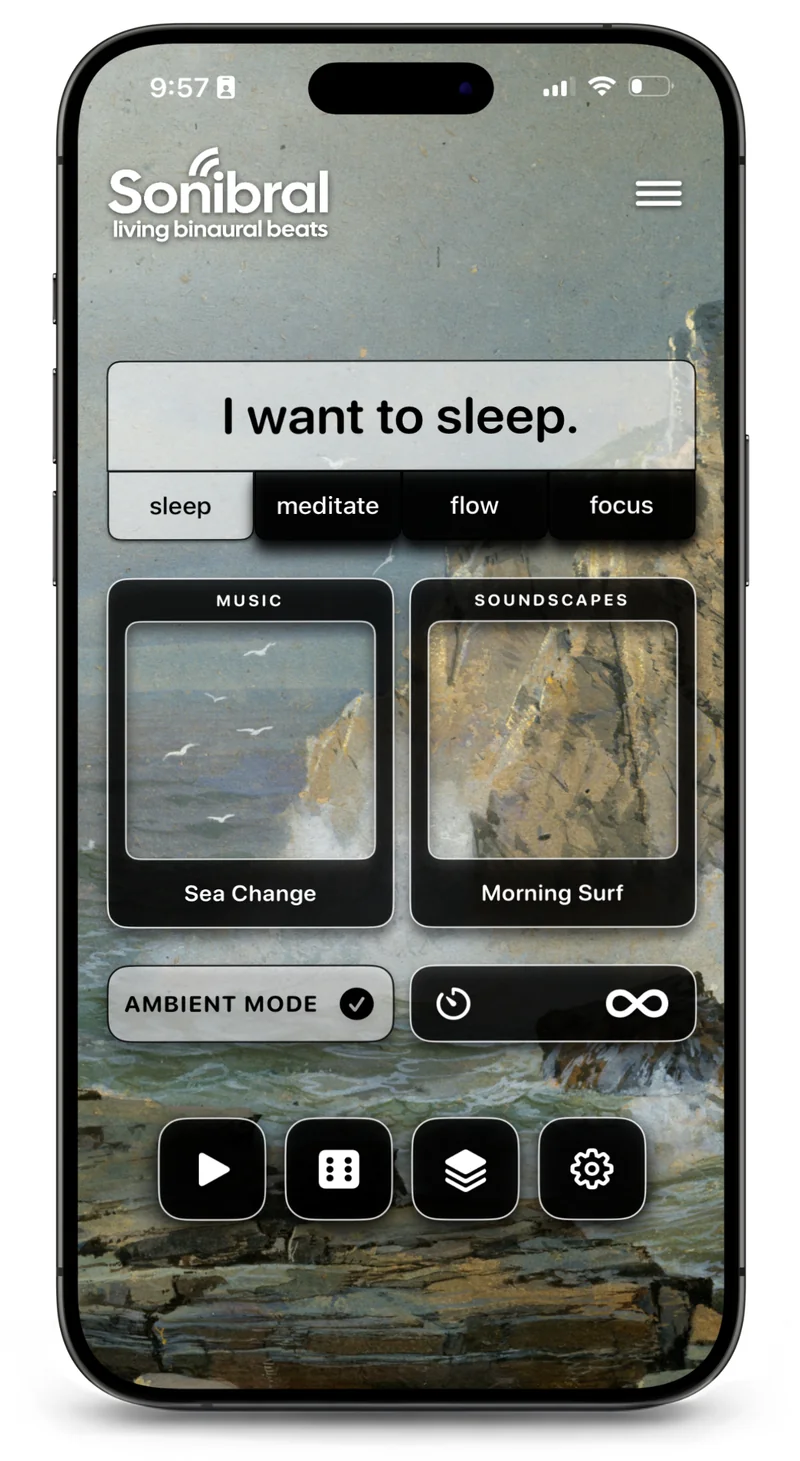Sonibral Sleep screen with Sea Change music and Morning Surf soundscape
